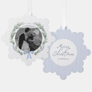 Blue Bow Wreath Botanical Christmas Photo Tree Decoration Card