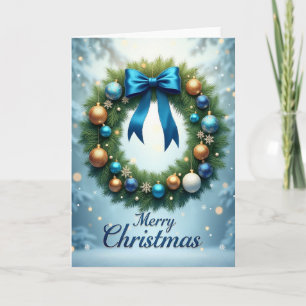 Blue Bow Wreath Christmas Card