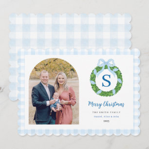 Blue Bow Wreath Christmas Photo Holiday Card