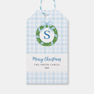 Blue Bow Wreath Gingham Christmas Gift Tags