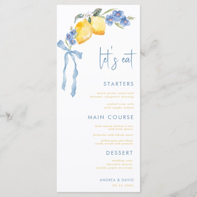 Blue Bow Yellow Lemon Italian Let's Eat Wedding Menu (Front)