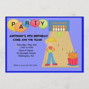 Blue,Bowling Birthday Party Invitation
