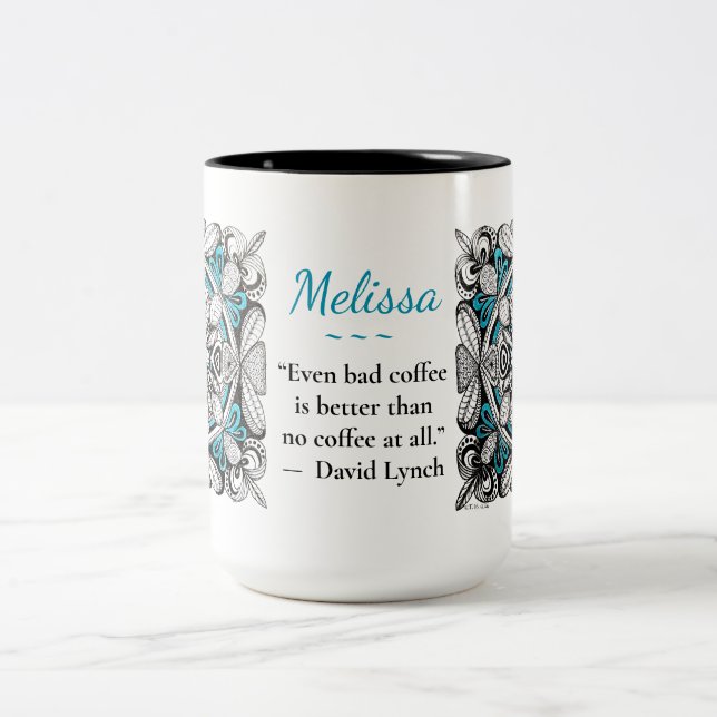 Blue Bows Abstract Doodle with Name and Quote Mug (Center)