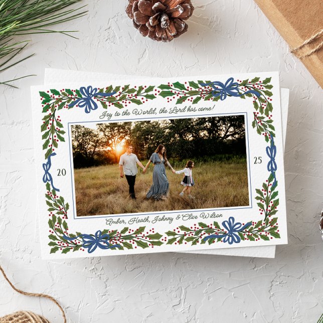 Blue Bows and Holly Garland One-Photo Christmas Holiday Card (horizontal photo Christmas holiday card with illustrated border of holly branches and cute blue bows)