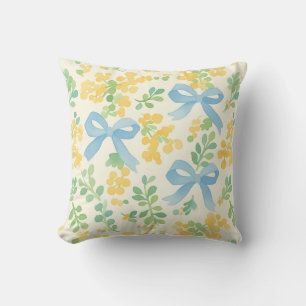 Blue Bows and Yellow Floral Cottagecore Pattern Cushion