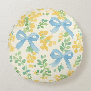 Blue Bows and Yellow Floral Cottagecore Pattern Round Cushion