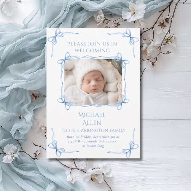 Blue Bows Baby Boy Photo Birth Announcement Card (Creator Uploaded)