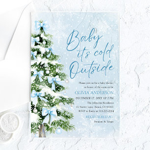 Blue Bows Baby It's Cold Outside Baby Shower Acrylic Invitations