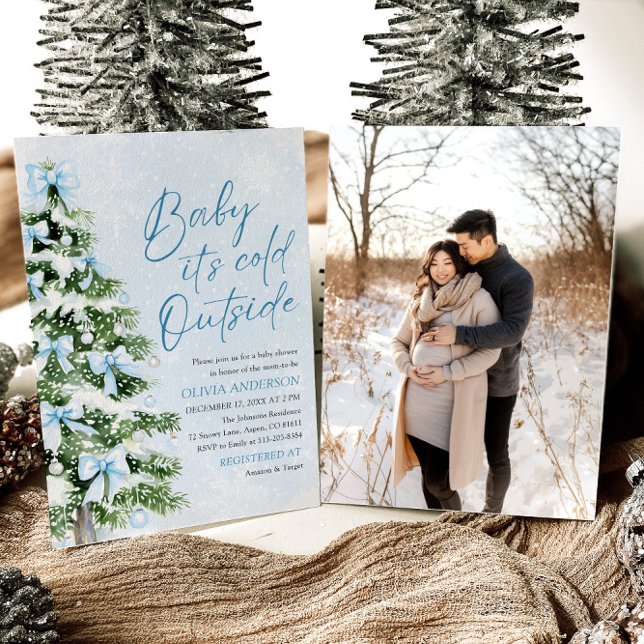 Blue Bows Baby It's Cold Outside Baby Shower Invitation (Creator Uploaded)