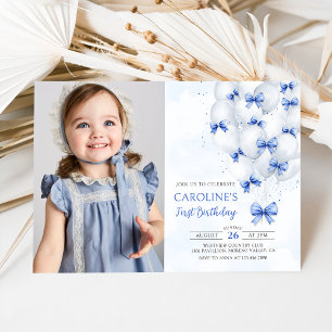 Blue Bows Balloons 1st Birthday Invitation