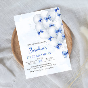 Blue Bows Balloons Birthday Invitation