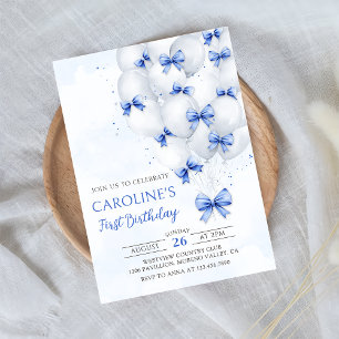 Blue Bows Balloons Birthday Invitation
