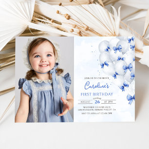 Blue Bows Balloons Birthday Photo Invitation