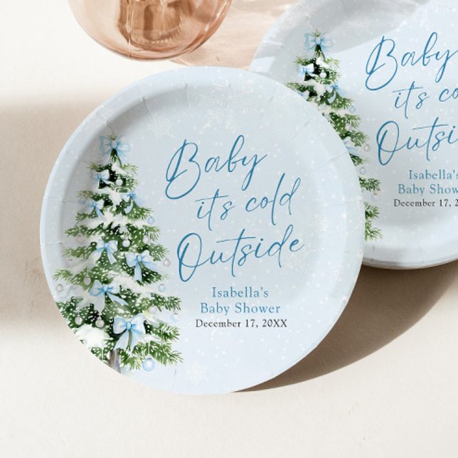 Blue Bows Boy Baby It's Cold Outside Baby Shower Paper Plate (Creator Uploaded)