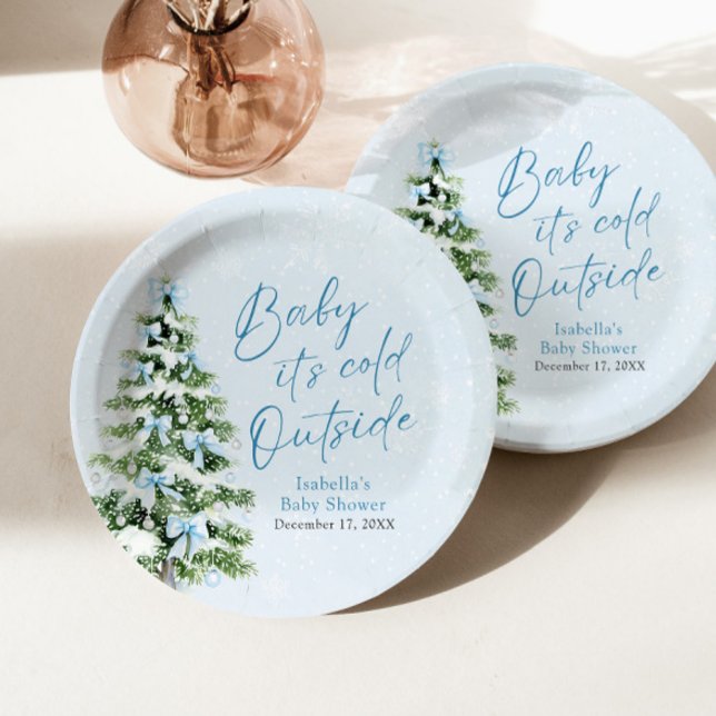 Blue Bows Boy Baby It's Cold Outside Baby Shower Paper Plate (Creator Uploaded)