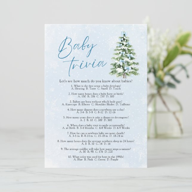 Blue Bows Christmas Baby Shower Baby Trivia Game Invitation (Standing Front)