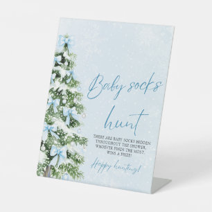 Blue Bows Christmas Tree Baby Socks Hunt Game Pedestal Sign