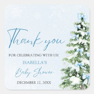 Blue Bows Christmas Tree Boy Winter Baby Shower Square Sticker
