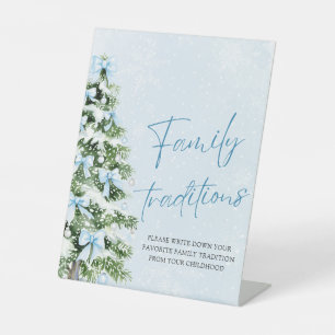 Blue Bows Christmas Tree Family Traditions Game Pedestal Sign