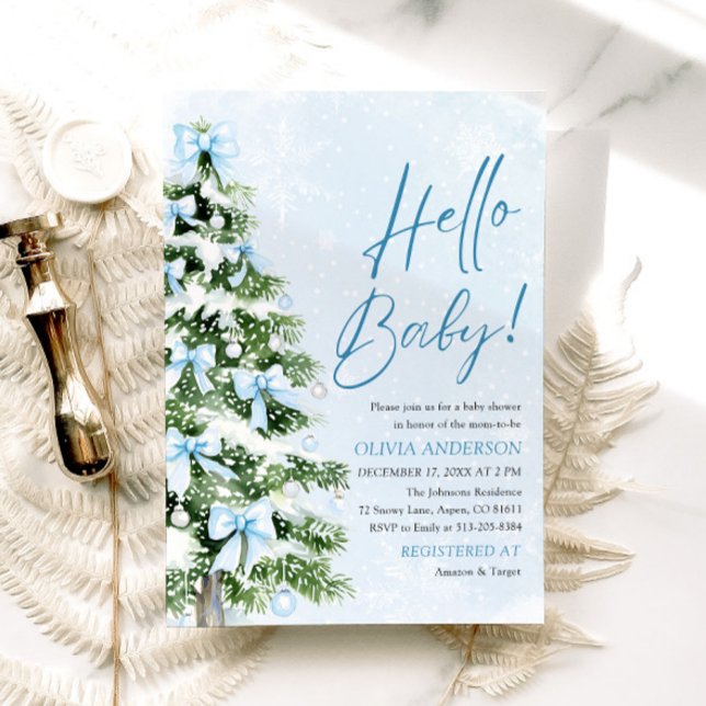 Blue Bows Christmas Tree Hello Baby Baby Shower Invitation (Creator Uploaded)
