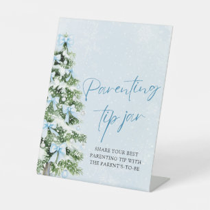 Blue Bows Christmas Tree Parenting Tip Jar Game Pedestal Sign