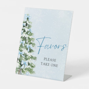 Blue Bows Christmas Tree Winter Baby Shower Favors Pedestal Sign
