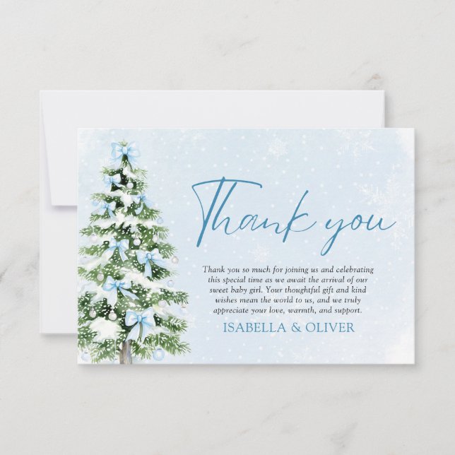 Blue Bows Christmas Tree Winter Thank you card (Front)