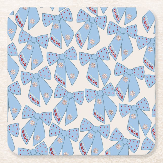 Blue Bows Coquette Square Paper Coaster (Front)
