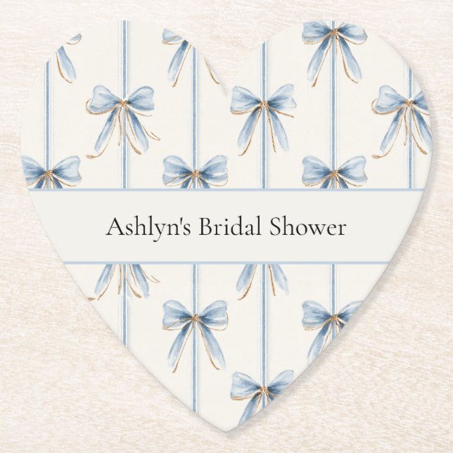 Blue Bows Cream Bridal Shower Paper Coaster (Front)