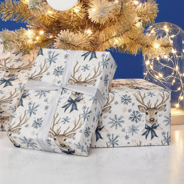 Blue Bows Deer Christmas Snowflakes Wrapping Paper (Holidays)
