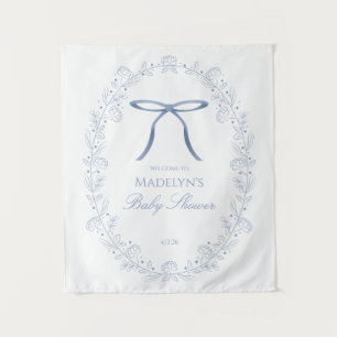 Blue Bows & Flowers Baby Shower Welcome Sign Tapestry