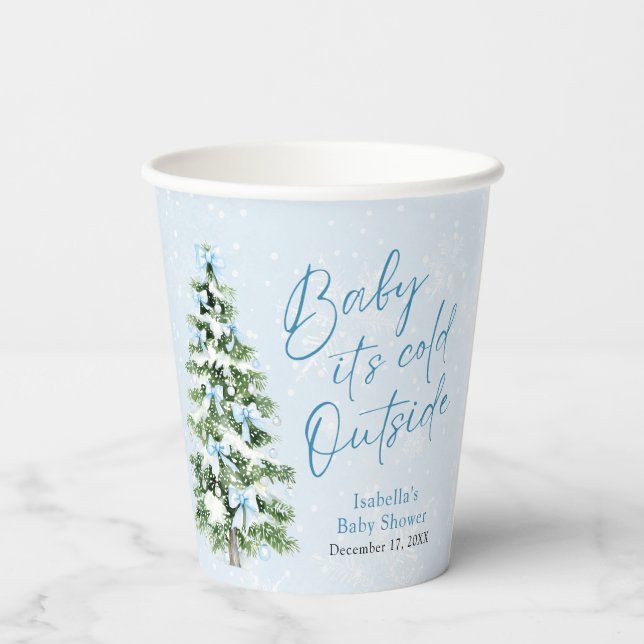 Blue Bows Girl Baby It's Cold Outside Baby Shower Paper Cups (Back)