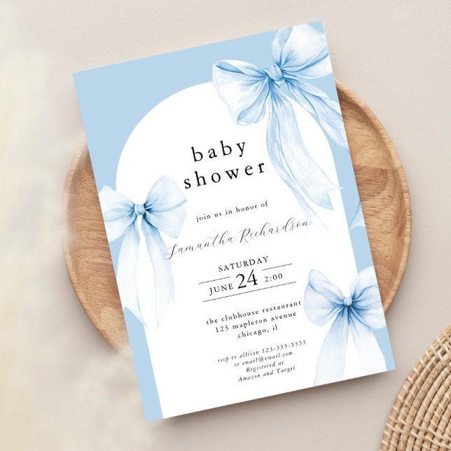 Blue bows modern arch boy baby shower sprinkle invitation (Creator Uploaded)