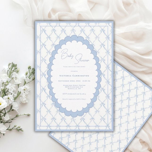 Blue Bows Vintage Baby Shower Invitation (Creator Uploaded)