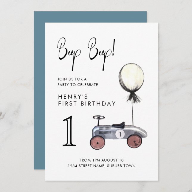 Blue Boy 1st Birthday Vintage Race Car  Invitation (Front/Back)