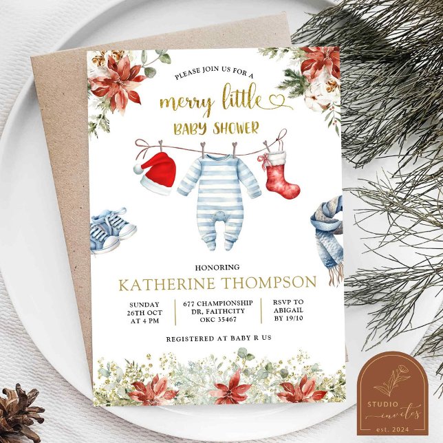 Blue Boy Baby Clothes Christmas Baby Shower Invitation (Creator Uploaded)