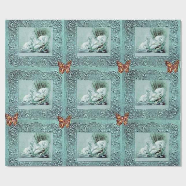 BLUE BOY BABY SHOWER,BUTTERFLIES, FLORAL SWIRLS WRAPPING PAPER (Flat)