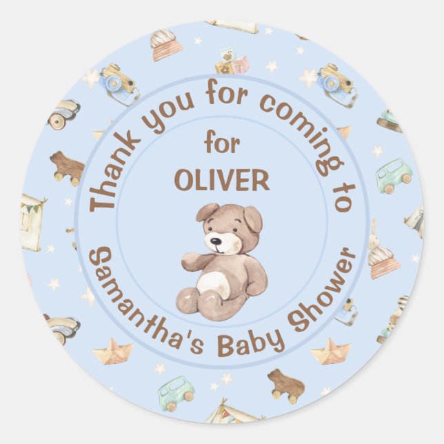 Blue Boy Baby Shower Favour Classic Round Sticker (Front)