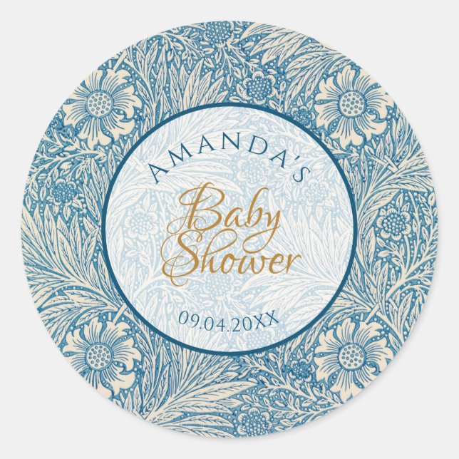 Blue Boy Baby Shower Floral Script Marigold Morris Classic Round Sticker (Front)
