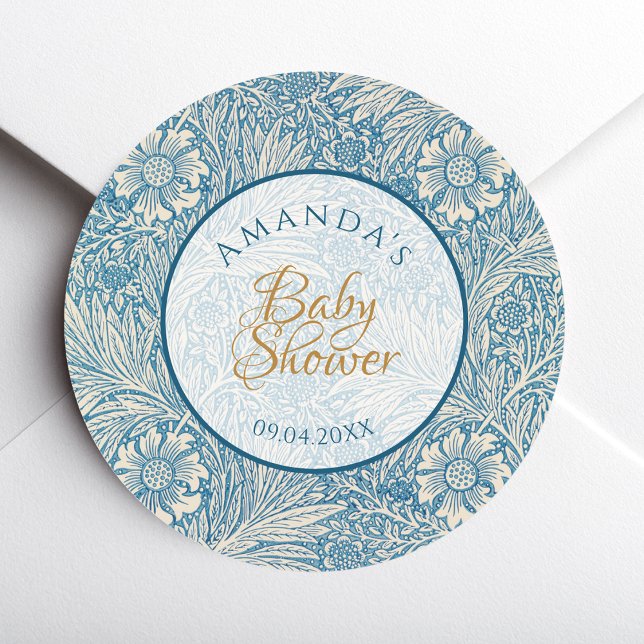 Blue Boy Baby Shower Floral Script Marigold Morris Classic Round Sticker (Creator Uploaded)