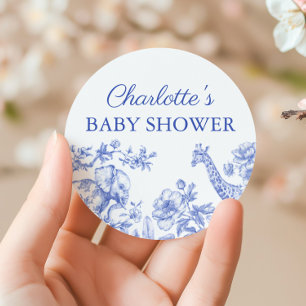 Blue Boy Baby Shower Safari Toile de Jouy Classic Round Sticker