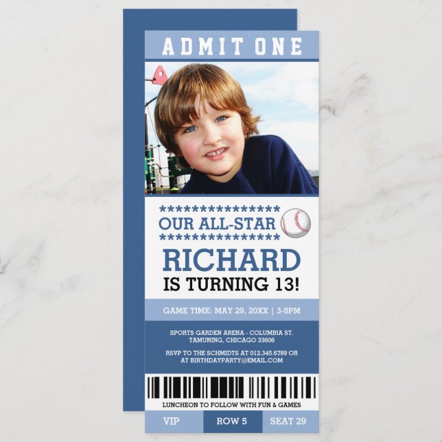 Blue Boy Baseball Ticket Birthday Invites (Front/Back)