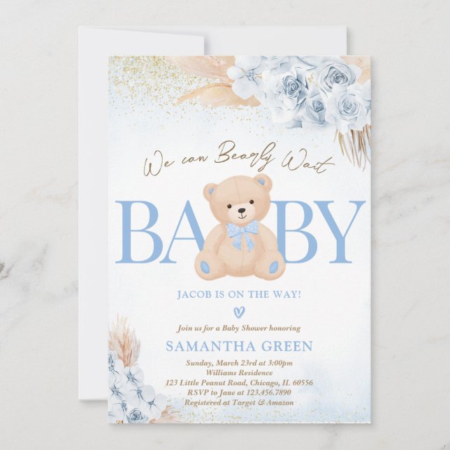 Blue Boy Bear Boho Baby Shower Invitation (Front)