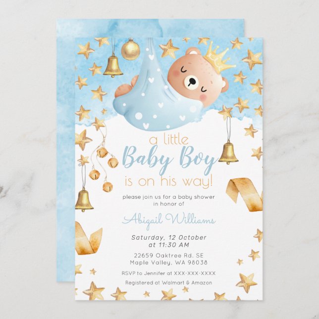 Blue Boy Bear on His Way, Gold Stars Baby Shower Invitation (Front/Back)