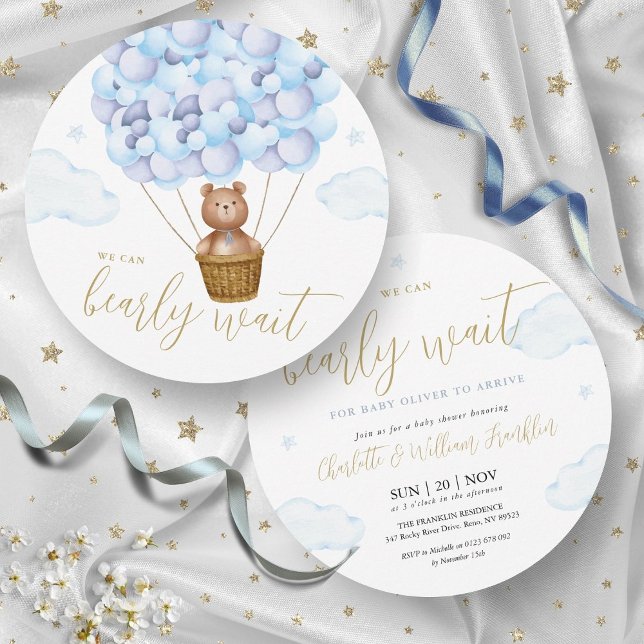 Blue Boy Bearly Wait Teddy Bear Baby Shower Invitation (Blue Boy Bearly Wait Teddy Bear Baby Shower Invitation)