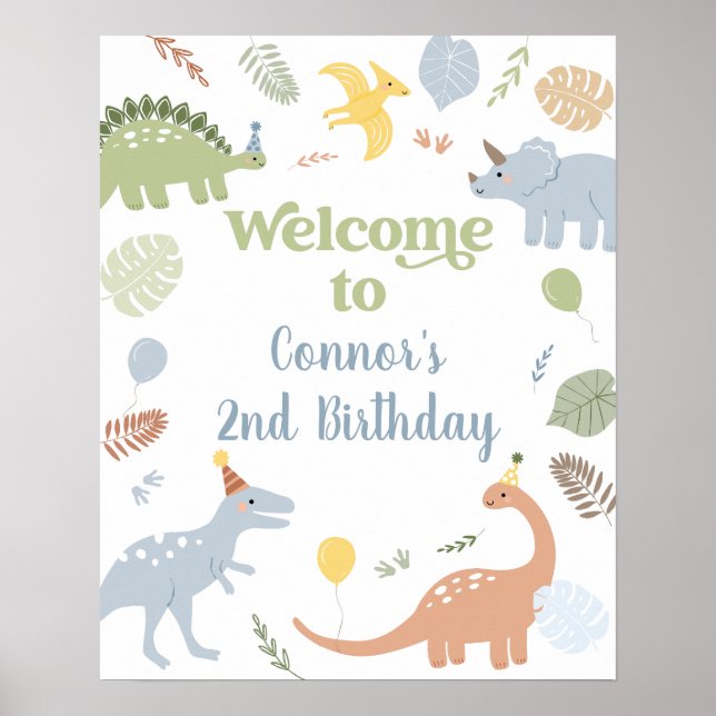 Blue Boy Boho Dinosaur Birthday Welcome Poster (Front)