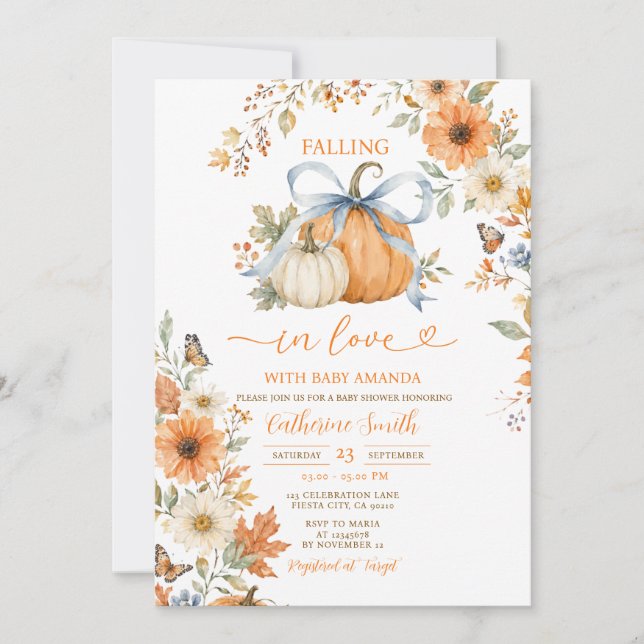 Blue Boy Bow Fall Pumpkin Baby Shower Invitation (Front)