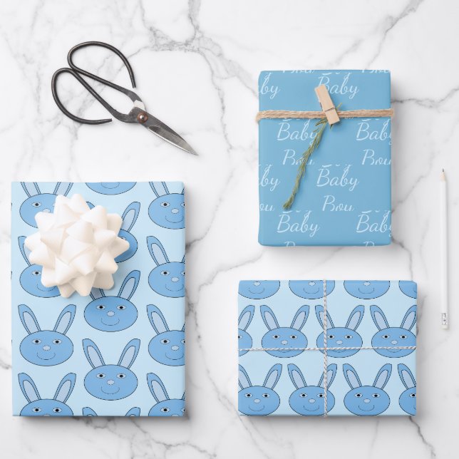 Blue Boy Bunny Face Spring Easter Baby Shower Wrapping Paper Sheet (Front)