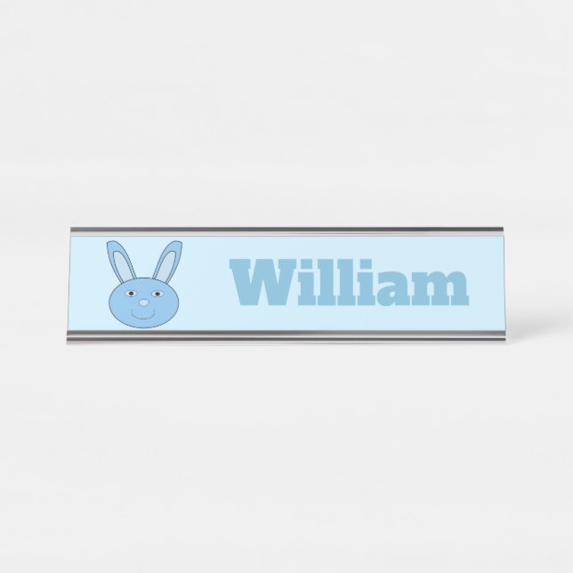 Blue Boy Bunny Face Spring Easter Custom Desk Name Plate (Front)