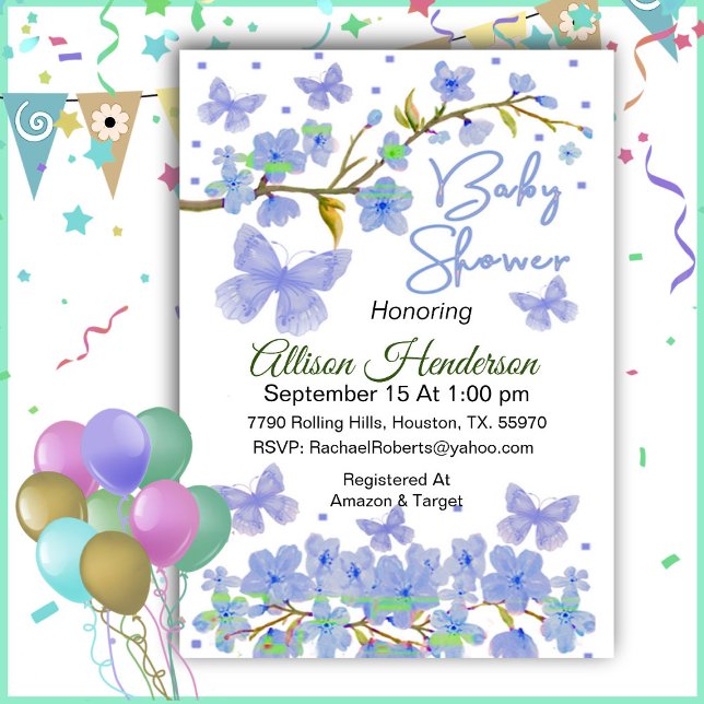 Blue Boy Butterfly Baby Shower  Invitation (Creator Uploaded)